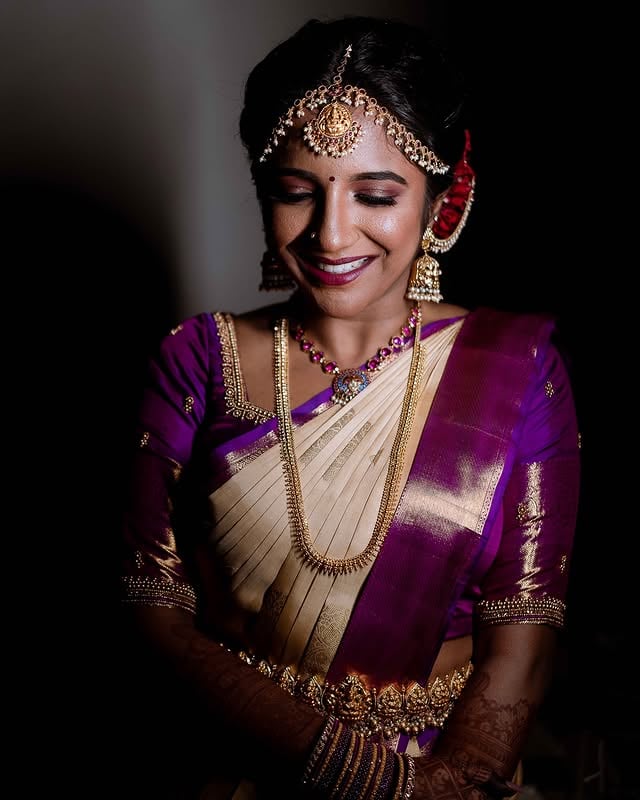 ✨Bride Ritika’s Muhurtham Look✨@ritika_viswanath Thank you for being so supportive from my early stages till date. I am so happy to have got this look on your Wedding day ❤️Rithika’s Look preference 1) She had always wanted a skin like makeup Which was the key area I concentrate on.2) She has always been a colourful soul and her choice of colors also makes a lot of impact in a great way that compliments her look soooo well. 3) Purple lovers - I know what you want 💜4) She wanted a neat front hairdo yet a little trendy and a messy hairdo for her Muhurtham.I will always always cherish the moments we have worked together Rit ❤️ Lots of love .Makeup: @aura_makeoverartistry Hair/Drape: @style_with_anbu .Thank you so much once again for choosing Aura Makeoverartistry .. Keep supporting❤️ by @aura_makeoverartistry