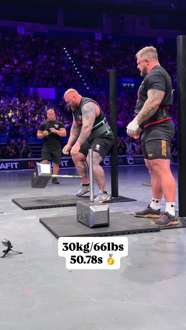 @luke.stoltman put up a good fight but @thorbjornsson takes the win with 50.78s on the hammer hold🥇📺 Watch all the action only on officialstrongman.com #strongman #strength #giantslive #hammerhold #worldsstrongestman by @officialstrongman_