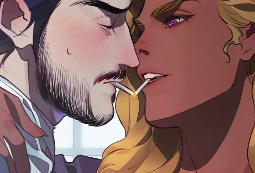 Nothing quite like a cigarette kiss in the moonlight with your enemy amirite? Right?A snippet of an illustration I made for my Gilded Glory Tier on pat r€0n, so if you wanna see it, as well as any Gilded Glory episodes before they’re posted publicly, that’s where to go! :) by @plasticbottru