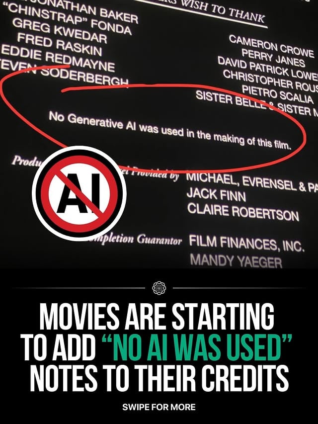“Made by humans” is now a flex.Some films and TV shows are starting to add labels in their credits saying no generative AI was used. Others are blocking their content from being used to train AI models.This isn’t a formal rule yet, but it’s spreading across indie projects, big studios, and streaming. What began as a small signal is turning into a clear creative stance.The push is coming from creators, unions, and a need to stand out as AI tools become more common. In a world full of generated content, human work is being positioned as something premium.Even when AI isn’t used, it’s still shaping how projects are marketed.Do you think “no AI” will become a real standard or just a branding move?Source: Forbes by @chatgptricks