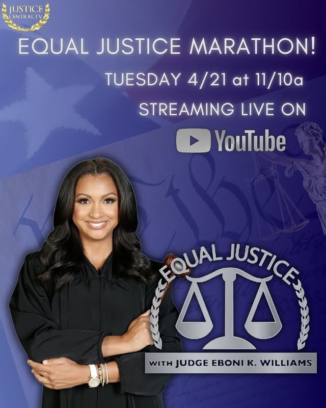 Court is in session… LIVE ⚖️The Equal Justice Marathon is taking over YouTube this Tuesday April 21st, at 11/10a with Judge Eboni K. Williams👩🏽‍⚖️Tell us 👇🏽Are you watching for the drama or the verdicts? by @ebonikwilliams