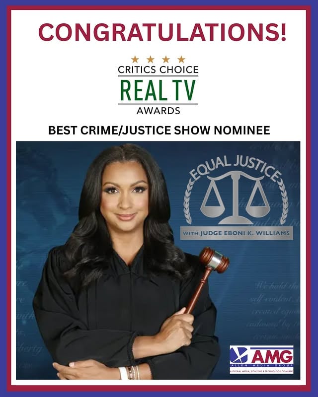 We at Allen Media Group send huge congratulations to our very own Judge Eboni K. Williams on EQUAL JUSTICE WITH JUDGE EBONI K. WILLIAMS, for the well deserved Critics Choice nomination for Best Crime/Justice show.#CCRealTV #CriticsChoice by @ebonikwilliams