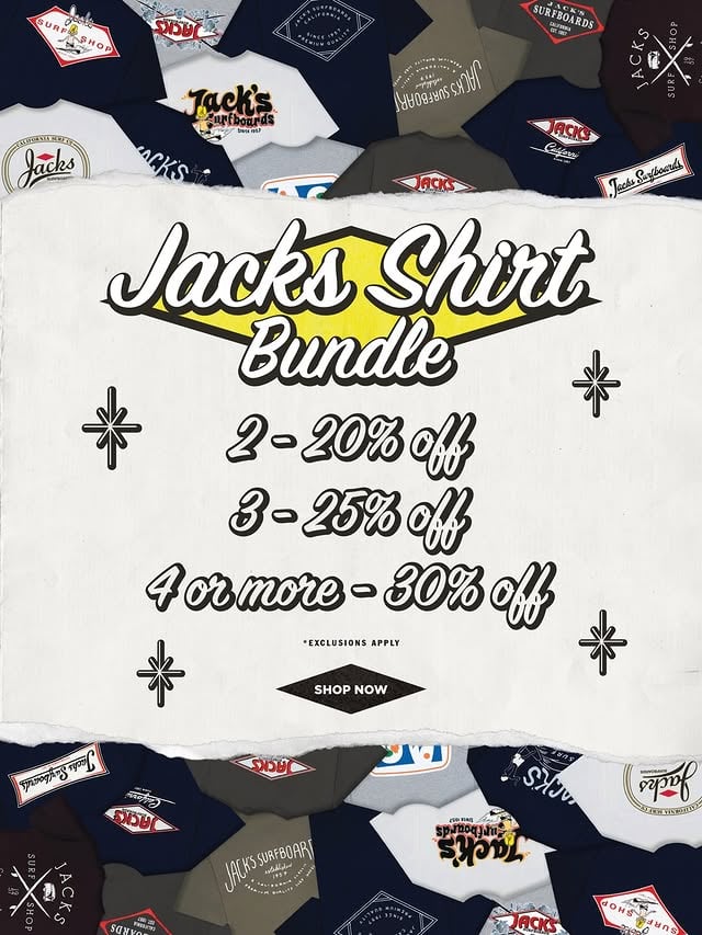 More tees, more savings 🤝Build your bundle:2 = 20% off3 = 25% off4+ = 30% offStock up on your favorites and save while you’re at it. Shop now!#jackssurfboards #surfstyle #teeessentials #shoplocal #bundlesale by @jackssurfboards
