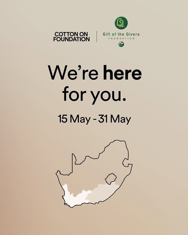 When communities need us most, we show up. 🤍The Western and Eastern Cape floods have devastated thousands of lives and @cottononfoundation is committed to doing our part.From 15 – 31 May 2026, 100% of @cottononfoundation product proceeds and in-store donations across South Africa are going directly to @gift.of.the.givers to support the communities who need it most.Every purchase. Every donation. Every rand straight to relief efforts on the ground.Head in-store or visit the link in our bio to find out how you can contribute.Together we are stronger. 🤍 by @cottonon_africa