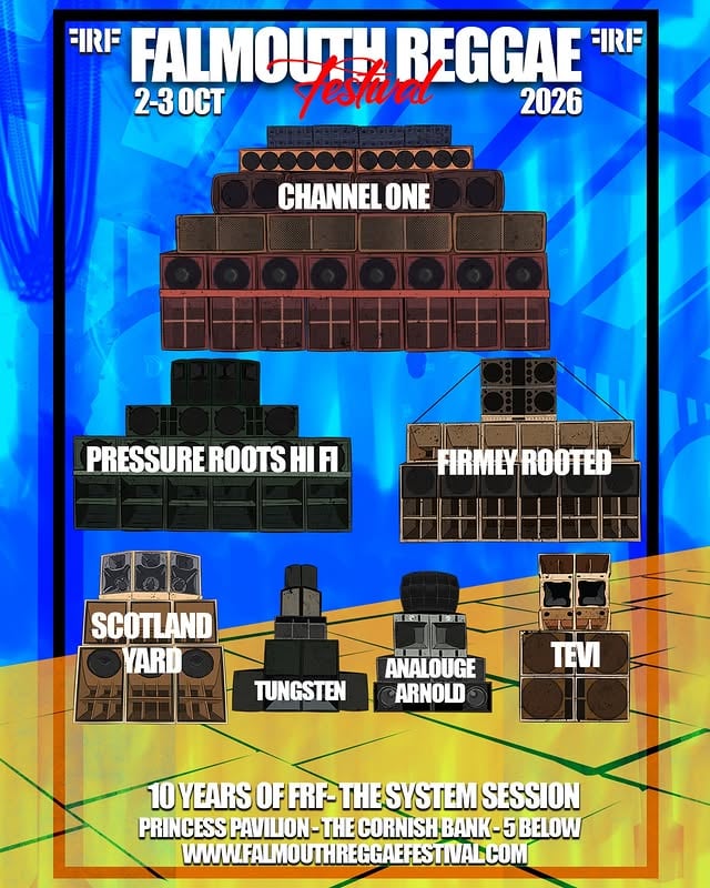 This year is 10 years of FRF… and they are getting the sounds out-@channelonesoundsystem Friday at @princesspavilionofficial @firmlyrootedsound meets @pressurerootshifi at @princesspavilionofficial @analoguearnold running the analogue lounge@tevisoundsystem, @scotland_yard_soundsystem, @tungsten_soundsystem running @cornishbank over both floors. Big up @studio.carne for designing all these soundsystems! No AI was used in design xTickets out- www.falmouthreggaefestival.com by @channelonesoundsystem