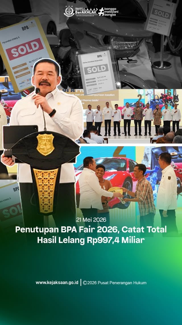 Jaksa Agung Republik Indonesia Burhanuddin resmi menutup rangkaian acara Badan Pemulihan Aset (BPA) Fair Tahun 2026 yang berlangsung sejak 18 s.d. 21 Mei 2026 di Kantor BPA Kebagusan, Jakarta. Perhelatan ini menjadi wujud nyata komitmen Kejaksaan dalam memperkuat tata kelola pemulihan aset negara yang transparan, akuntabel, profesional , serta memberikan kemanfaatan sebesar-besarnya bagi masyarakat.Dalam sambutan, Jaksa Agung menegaskan bahwa tema BPA Fair 2026, yakni "Pemulihan Aset untuk Kesempurnaan Keadilan", mencerminkan pergeseran paradigma penegakan hukum Kejaksaan saat ini. Jaksa Agung juga menambahkan bahwa seluruh hasil lelang ini nantinya akan diserahkan secara resmi ke kas negara sebagai penerimaan negara yang akan langsung didekasikan untuk kepentingan rakyat Indonesia. Lalu dalam laporannya, Kepala Badan Pemulihan Aset Kuntadi menyampaikan bahwa BPA Fair 2026 yang mengusung kolaborasi erat bersama Direktorat Jenderal Kekayaan Negara (DJKN) Kementerian Keuangan dan Himpunan Bank Milik Negara (Himbara) telah berjalan lancar, tertib, aman, serta melampaui ekspektasi. Angka capaian di atas memperlihatkan lonjakan hasil lelang sebesar 481% jika dibandingkan dengan pencapaian lelang bulanan tahun 2026 yang dilaksanakan secara konvensional berskala nasional.Melihat kesuksesan besar, transparansi yang tinggi, dan respons sangat positif dari masyarakat, Kepala BPA berharap agar kegiatan BPA Fair ini dapat didukung untuk dijadikan sebagai Program Tahunan Badan Pemulihan Aset sebagai salah satu solusi optimalisasi pendapatan negara dan penguat stabilitas fiskal nasional. #BPAFAIR #BPAFAIR2026 #Lelang #LelangBPA #KejaksaanRI #JaksaProfesionaldanBerintegritas #TrapsilaAdhyaksaBerkahlak #KenaliHukumJauhkanHukuman