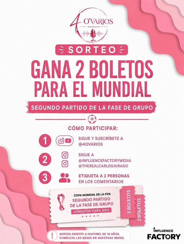 🎟️⚽️ GIVEAWAY ALERT ⚽️🎟️¡Gana 2 boletos para el segundo partido de la fase de grupos del Mundial FIFA! 🌎🔥¿Cómo participar?1️⃣ Sigue y suscríbete a @4ovarios varios2️⃣ Sigue a @influencefactorymedia y @therealcarlosjurado3️⃣ Etiqueta a 2 personas en los comentarios📅 El ganador será anunciado el 16-June-2026.🍀 ¡Mientras más comentarios, más oportunidades de ganar!—📌 TÉRMINOS Y CONDICIONES:• Giveaway válido únicamente para mayores de 18 años.• Se elegirá 1 ganador al azar.• El premio consiste en 2 boletos para el segundo partido de la fase de grupos de la Copa Mundial FIFA.• El partido y sede dependerán de la región/ubicación del ganador.• El premio no es transferible ni canjeable por dinero.• Debes cumplir todos los pasos para participar.• Esta promoción no está patrocinada, administrada ni asociada con Instagram, Meta o FIFA.• Al participar, aceptas estos términos y condiciones. by @aylinmujic