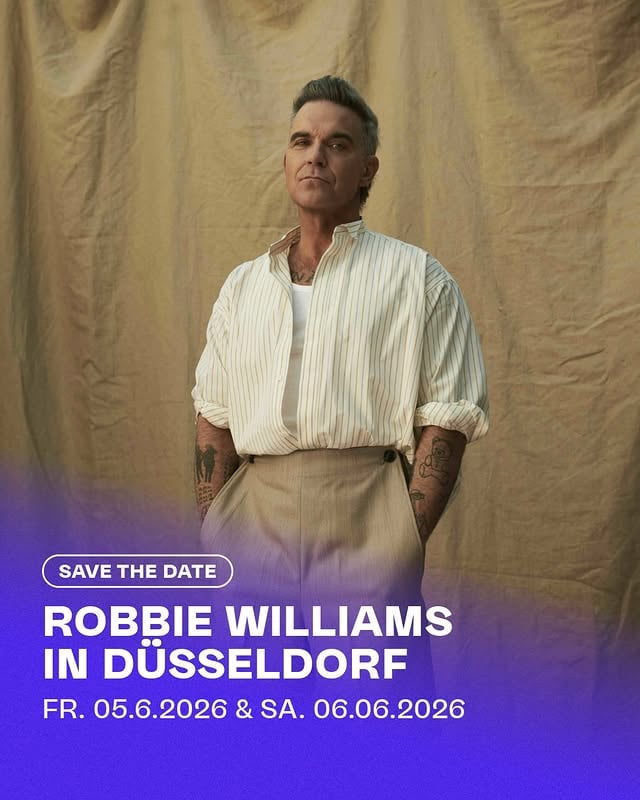 Er kommt – und das gleich zwei Mal! 🎤✨ @robbiewilliams spielt am 5. & 6. Juni 2026 in der Merkur Spiel-Arena in Düsseldorf – mit dabei als Support: @hapahaber 🙌🎟️ Tickets: 95 – 165 € 📍 @merkurspielarena_dus #robbiewilliams #düsseldorf by @rausgegangenduesseldorf