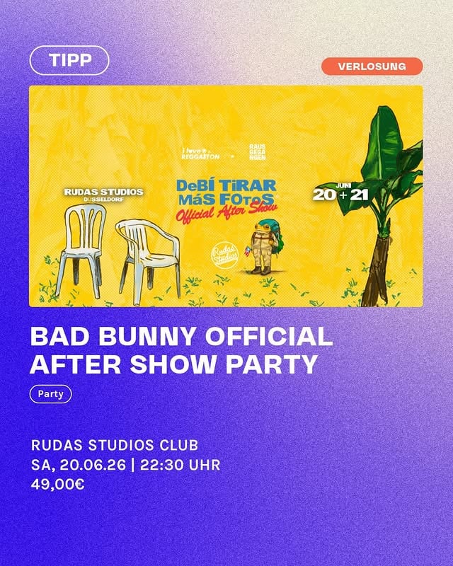 Anzeige - Verlosung mit @ilr_official für 2x2 VIP Tickets 😍 Düsseldorf ist am 20. & 21. Juni im After-Show-Modus: Die offizielle Bad Bunny After Show Party macht im Rudas Studios Club Halt. DJ Orma und Manu El Comandante liefern den Sound des Weltstars direkt auf den Floor – zwei Nächte, die sich wie ein einziges großes Highlight anfühlen.Gewinnspiel: Wir verlosen 2×2 VIP-Tickets für die Party-Nacht 20. → 21. Juni. 🎟️So nimmst du teil: 👉 Folge @rausgegangenduesseldorf & @ilr_official 👉 Like den Beitrag 👉 Markiere jemanden, mit dem du diese Nacht feiern würdestDas Gewinnspiel wird gemeinsam mit I Love Reggaeton durchgeführt. Die Gewinner:innen werden am 04.05.2026 per Zufallsprinzip aus allen Teilnehmenden ausgelost. Die Benachrichtigung erfolgt per Instagram-DM. Dieses Gewinnspiel steht in keiner Verbindung zu Instagram. Alle Teilnahmebedingungen findest du in unserer Bio.Tickets ab 20,74 € — Link in Bio Foto: © ILR#badbunny #afterparty #reggaeton #perreo by @rausgegangenduesseldorf