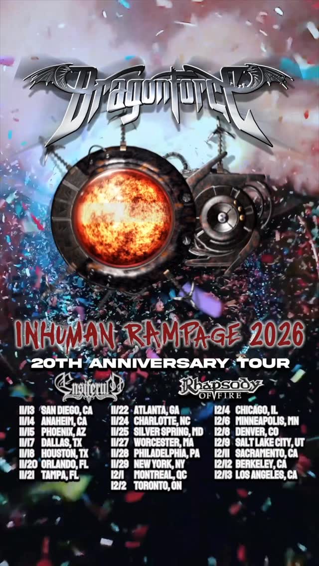 🇺🇸🇨🇦 We can’t wait to bring the Inhuman Rampage 20th Anniversary Tour to you!This November/December, we’re taking the celebration across North America, performing the album live in full for the very first time 🔥 What songs are you most excited to hear? This will be the debut tour featuring @alissawhitegluz on vocals, and with special guests @ensiferummetal and @rhapsodyoffireofficial along for the ride, this is a show you do not want to miss.Tickets are available TODAY at 10am local time at the link in bio 🐉🎸 by @alissawhitegluz