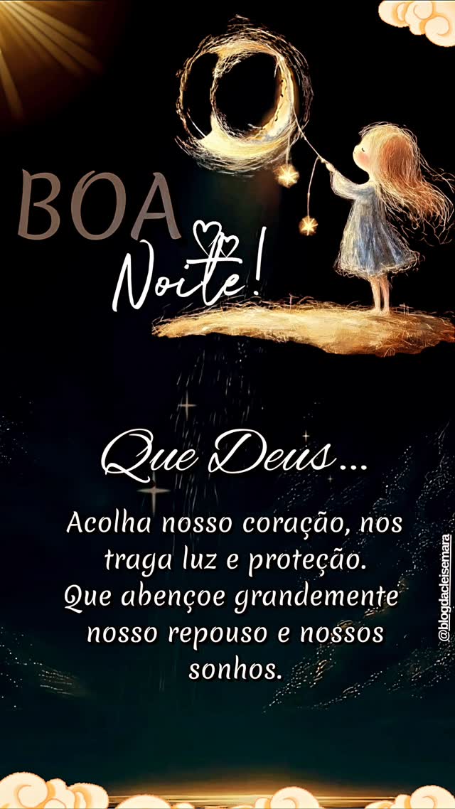 Senhor, obrigado por mais um dia que chegou ao fim. Entregamos em Tuas mãos nosso descanso, nossos sonhos e tudo aquilo que preocupa o nosso coração.✨🕊️Que esta noite seja de paz, proteção e renovação. E que a semana que se inicia seja guiada pela Tua luz, repleta de saúde, sabedoria, oportunidades e bênçãos sem medida.Que nunca nos falte fé para seguir, coragem para enfrentar os desafios e gratidão para reconhecer o Teu cuidado em cada detalhe.Abençoa nosso lar, nossa família e nossos caminhos. Amém! 🌙✨💙