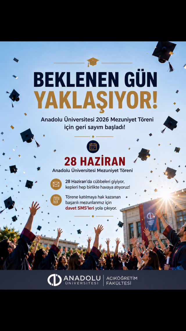 🎓Beklenen gün yaklaşıyor!

Anadolu Üniversitesi 2026 Mezuniyet Töreni için geri sayım başladı!

28 Haziran’da cübbeleri giyiyor, kepleri hep birlikte havaya atıyoruz!

Törene katılmaya hak kazanan başarılı mezunlarımız için davet SMS’leri yola çıkıyor.

#AnadoluÜniversitesi #AnadoludaMezuniyet2026 #Mezuniyet2026 #AÖFMezuniyet2026