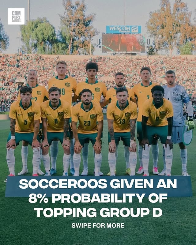 🇦🇺 Aussies as underdogs? Sounds good! 

The Socceroos have only been given an 8% chance of winning group D according to Polymarket. 

If there’s one thing Aussies aren’t afraid of, it’s being the underdog. 

[ 📸  via @score90 & @jacksonirvine_ ]
