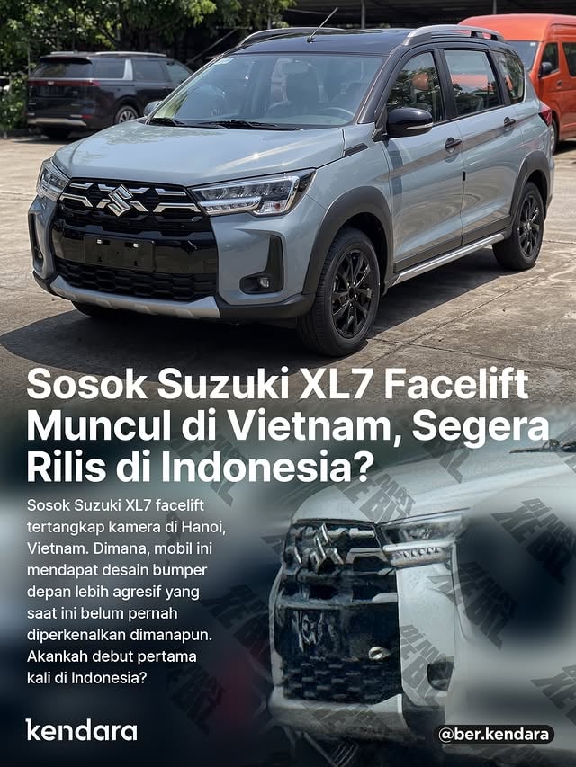 Dua unit Suzuki XL7 facelift tertangkap kamera di pusat uji emisi Hanoi, Vietnam. Menariknya, tampilan ini belum pernah muncul di pasar manapun dan Suzuki sendiri belum pernah merilis teaser model ini.Perubahan paling terlihat ada di bagian depan dengan gril baru yang lebih besar dan menyambung ke bumper bawah, tampilan keseluruhan jadi lebih kotak dan tegas. Area foglamp juga didesain ulang, sementara headlamp masih sama.Di samping, pelek 16 inci-nya hadir dengan desain baru dalam dua pilihan finishing yaitu gloss black dan two-tone brushed. Di belakang, terlihat mobil ini tetap memakai lampu belakang smoked dari XL7 Kuro. Tersedia juga warna baru yaitu biru muda persis kepunyaan Suzuki Fronx.Perubahan interior belum diketahui, begitu juga tanggal peluncurannya. Tapi so far, oke gak nih desain depannya yang baru?Sumber: Bí Mật Xe Biz#suzuki #suzukixl7 #xl7 #xl7facelift #suzukiindonesia by @ber.kendara