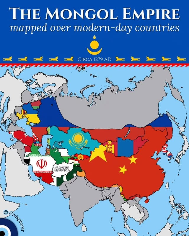 🐎 The Mongol Empire was the largest contiguous land empire in history at its height, stretching from the Pacific Ocean to the gates of Europe. The year 1279 AD marks the absolute zenith of their power, following the conquest of the Southern Song Dynasty in 🇨🇳 China by Kublai Khan.The empire's reach was so vast that it overlapped with dozens of modern-day nations, including 🇷🇺 Russia, 🇮🇷 Iran, and 🇰🇿 Kazakhstan. However, geography often dictated their limits; the sea protected 🇯🇵 Japan through famous typhoons, while the Himalayas and extreme heat kept the Mongols out of 🇮🇳 India.Beyond conquest, this era initiated the Pax Mongolica, a period of stability that secured trade routes across the Silk Road. This allowed for an unprecedented exchange of technology and culture between the East and West, forever linking the histories of countries like 🇹🇷 Türkiye, 🇺🇿 Uzbekistan, and 🇺🇦 Ukraine.💬 Would you like to see the modern-day borders of other great empires? Let us know in the comments!📝 Notes: The countries in dark gray refer to modern countries that were partially part of the Mongol Empire. The country borders shown are those generally recognized worldwide; conflicts such as the invasion of Ukraine, are not considered.🧿 𝗙𝗼𝗹𝗹𝗼𝘄 𝘁𝗵𝗲 𝗲𝘆𝗲 𝗼𝗳 𝘁𝗵𝗲 𝘄𝗼𝗿𝗹𝗱 👉 @civixplorer#mongol #mongolia #khan #history #maps by @civixplorer