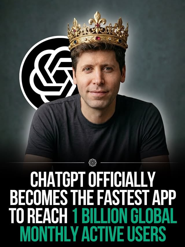 ChatGPT just hit 1 billion usersChatGPT has officially reached 1 billion monthly active users globally, according to Sensor Tower data reported by Reuters. That makes it the fastest app in history to hit the milestone.The jump shows how quickly AI has moved from novelty to daily habit. ChatGPT is no longer being used only by tech people, it is becoming part of how millions write, search, learn, and work.This puts OpenAI in one of the strongest consumer positions in tech right now.Would you use ChatGPT every day?Source: Reuters by @chatgptricks