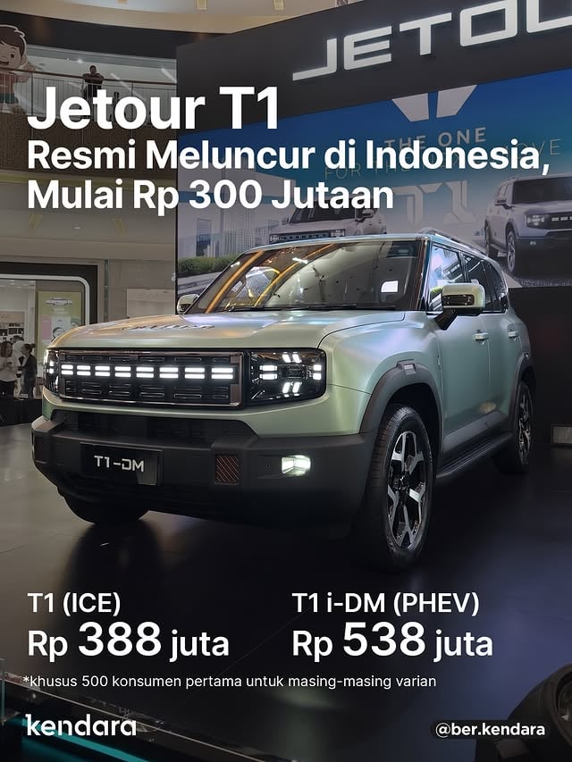 Jetour T1 resmi diluncurkan di Indonesia dengan dua varian, yaitu bermesin 1.500 cc turbo konvensional (ICE) dan tipe i-DM (plug-in hybrid).Harga T1 ICE adalah Rp 388 juta, sedangkan T1 i-DM Rp 538 juta. Harga ini berlaku buat 500 konsumen pertama (untuk masing-masing tipe), selebihnya harganya menjadi Rp 408 juta dan Rp 558 juta.Praktis, T1 adalah SUV berdesain off-road/rugged mengotak dengan harga termurah di Indonesia, di bawah iCar V23 (Rp 389 juta).Untuk varian PHEV i-DM atau Intelligent Dual Mode-nya memadukan mesin bensin 1.5L turbo dengan total output 340 PS dan 530 Nm dengan baterai 18,4 kWh, serta 0-100 km/jam dalam 8,7 detik.Versi i-DM ini diklaim punya range kombinasi hingga 1.200 km termasuk 100 km mode EV, dibantu dengan fuel tank 70 L. Sudah dilengkapi pula dengan DC fast charging dan V2L.Sedangkan varian ICE dibekali mesin 1.500 cc turbo 170 PS dengan transmisi 7-speed wet dual clutch.Fitur yang hadir pada semua tipe T1 mencakup double acoustic glass untuk jendela samping depan dan samping belakang, multi-link suspension, wireless charger 50W, ambient light, head unit dengan chip Snapdragon 8155, driver electric seat, ventilated seat depan, kamera 540, full ADAS dan 6 airbag. Khusus tipe i-DM mendapat panoramic roof, 9 speaker Sony, ambient light 64 warna, memory seat, electric seat & leg rest penumpang depan, front parking radar, head unit lebih besar (15,6" vs 12,8"), pelek lebih besar, dan lampu DRL depan sampai bagian gril.#jetour #jetourt1 #jetourid #jetourt2 #jetourt1idm #jetourindonesia by @ber.kendara
