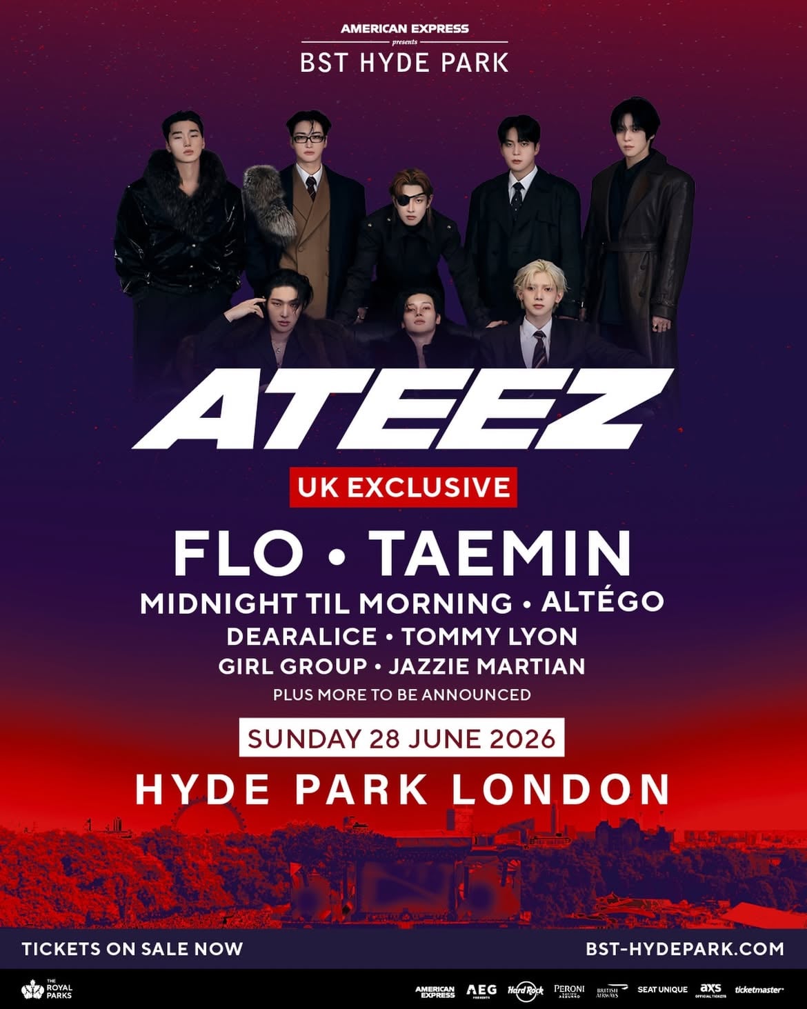 ATINY! We’re excited to announce that @flolikethis, @taemin_xoalsox, @midnighttilmorning_, @altego_music, @dearaliceofficial, @tommylyon, @thisisgirlgroup and @jazziemartian are joining @ateez_official_ at American Express presents @bsthydepark on Sunday 28 June 🏴‍☠️

Plus, more artists still to be announced!

Book your tickets now.