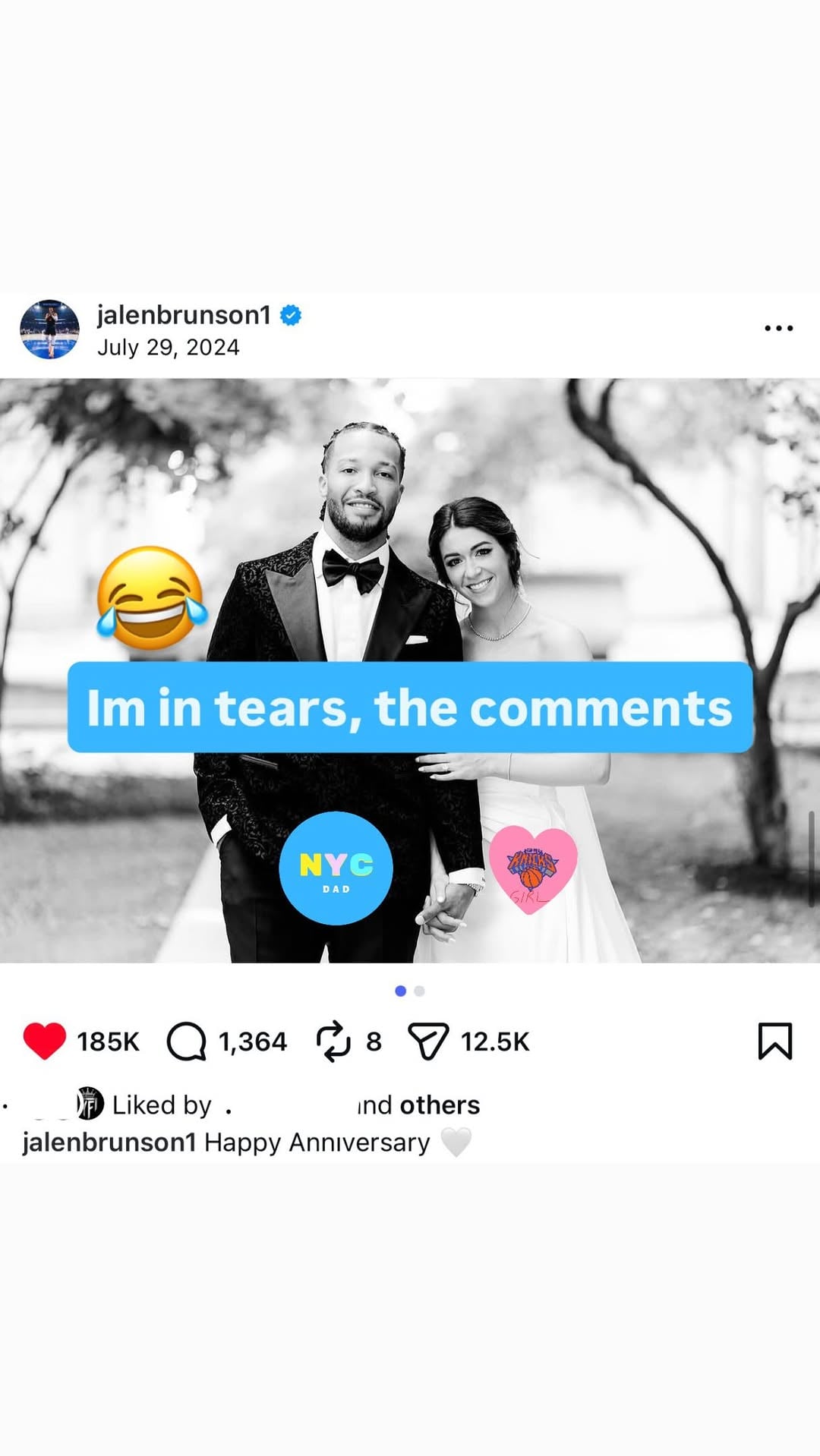 😂 what would u tell Brunson? @NewyorkCity.Dad

for more 😂🎥👉 @NewyorkCity.Dad + @theknicksgirl

🔵 Jalen Brunson blocks comments on wedding anniversary post after Knicks fans’ comical proposals

Jalen Brunson and his wife Ali Marks celebrated their first wedding anniversary on July 29. In an Instagram photo posted by Brunson, they reminisced about their special day with a black-and-white throwback picture from their wedding last year. The post showed some snaps of their nuptial, where they both stood out among the all-black themed suits and dresses worn by their guests.

🔵 Underneath the post, New York Knicksfans flooded the comment section with hilarious quips, expressing their admiration for Jalen Brunson. After a few hours of jokes, The Knicks’ superstar blocked the post’s comment section.

Most of the quips included comparisons of themselves to his wife, who was seen wearing a white dress that matched Brunson’s tuxedo for the black-and-white-themed wedding.

🔵 for more 😂🎥👉 @NewyorkCity.Dad + @theknicksgirl

.
.
.
.
#humor #brunson #knicks #jalenbrunson #madisonsquaregarden knicks,