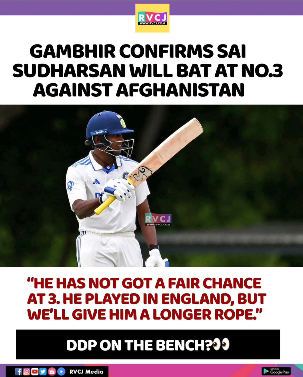 Gautam Gambhir confirms Sai Sudharshan will bat at No.3 against Afghanistan 
#rvcjinsta