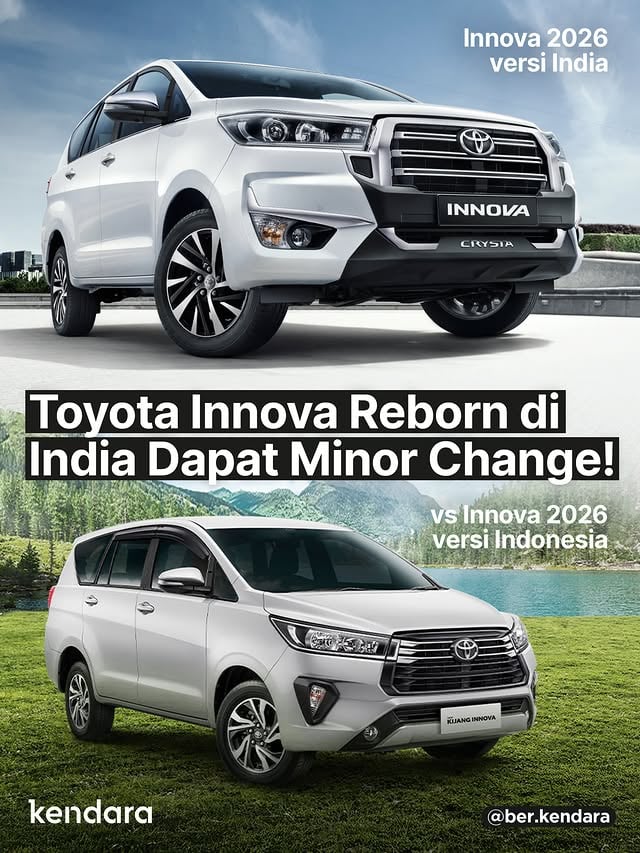 Toyota resmi memperkenalkan Innova Crysta (Reborn) minor change di India. Update desain yang dilakukan pada Juli 2026 ini adalah pengembangan dari versi facelift pada 2023 lalu, yang tidak dibawa ke Indonesia ataupun negara lain.Gril depan Innova Crysta mendapat dengan garnish chrome baru di bumper depan dan belakang, sementara interior mendapat warna Grace Copper pada trim setir dan panel pintu, bersama pelapis jok dual-tone yang baru.Untuk fitur, wireless charger ditambahkan untuk varian VX dan ZX, dan TPMS hadir di varian ZX.Mesinnya tidak berubah, tetap 2.400 cc diesel 150 PS dan 343 Nm dengan transmisi manual 5-percepatan. Konsumen India yang menginginkan Innova transmisi otomatis diarahkan ke Innova Hycross (Zenix).Harga on-the-road di Delhi mulai dari Rs 19,72 lakh atau setara Rp 448 jutaan hingga Rp 602 jutaan untuk varian ZX, dengan opsi captain seat tersedia di semua tipe dengan biaya tambahan sekitar Rp 1,1 juta.Di Indonesia, Innova Reborn sudah duluan mendapat minor change pada Desember 2025 dengan satu tipe yaitu 2.4 G. Waktu itu perubahannya mencakup gril baru, panel dashboard wooden, head unit 9 inci dengan CarPlay dan Android Auto, serta jok yang beralih dari coklat ke hitam.Kemungkinan minor change ini akan jadi pembaruan terakhir sebelum Innova diesel ini dihentikan produksinya di India sekitar Maret 2027, akibat regulasi emisi yang semakin ketat di India.#toyota #innovacrysta #innovareborn #kijanginnova #innovadiesel #toyotaindonesia #mpv #otomotif #mobilbaru by @ber.kendara