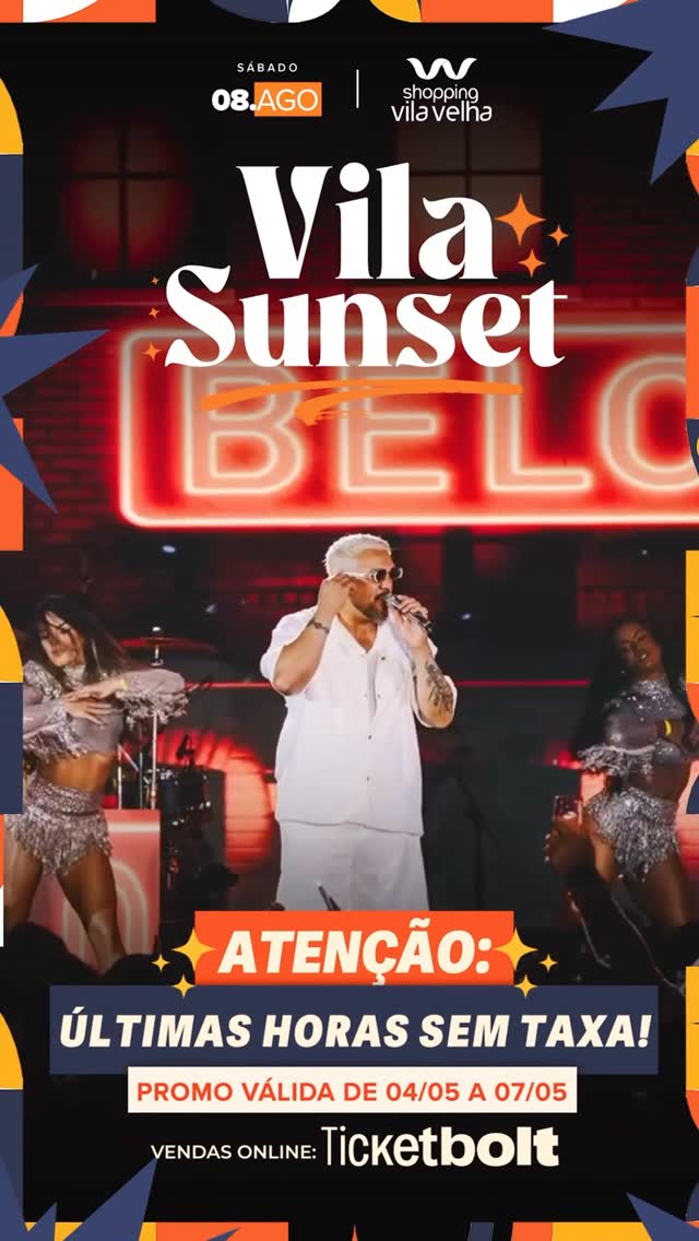 🚨 ÚLTIMAS HORAS SEM TAXA! 🚨Se você estava esperando o momento certo para garantir seu ingresso para o VILA SUNSET, ele chegou. 😉Até às 23h59 de hoje, os ingressos online estão SEM TAXA! E atenção: também são os últimos ingressos disponíveis do lote atual.No dia 08 de agosto, Belo desembarca em Vila Velha para comandar um pôr do sol inesquecível, ao lado das atrações capixabas Pele Morena, Glauco e DJ LUUH.📍 @shoppingvilavelha 🎟️ Garanta agora o seu pela @ticketbolt.br (Link na BIO) by @melhoreseventosdoes