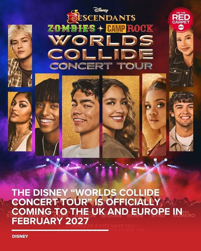 The “Worlds Collide Concert Tour” is coming to the UK and Europe in February of 2027! The tour brings together the worlds of "Descendants", "ZOMBIES", and for the very first time, "Camp Rock!" 🔮🧟‍♀️🎸Tickets go on sale to the general public on Friday, June 12 at 10am! by @ontheredcarpet
