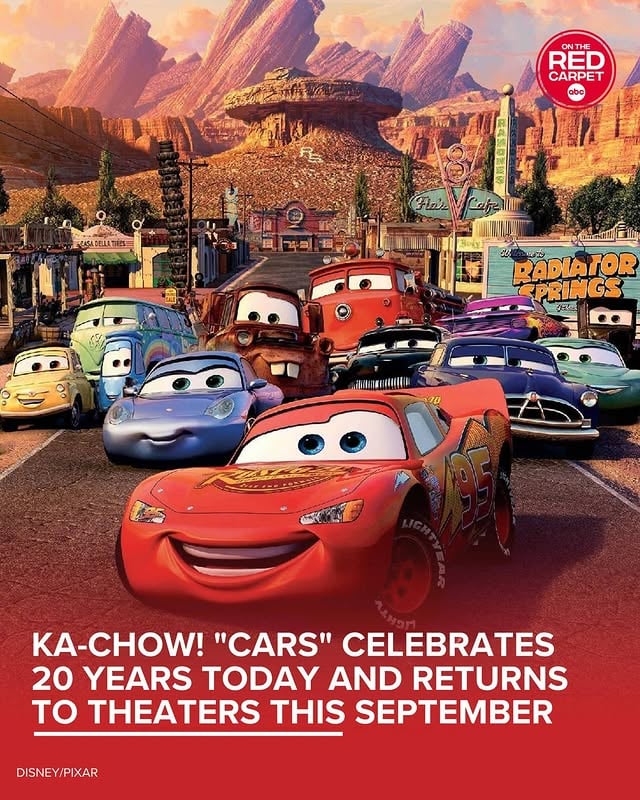 Life is a highway, and it is leading straight back to the theater! Disney and Pixar's "Cars" turns 20 today, and the studios have announced that the movie is returning to theaters this September. #Cars20 by @ontheredcarpet