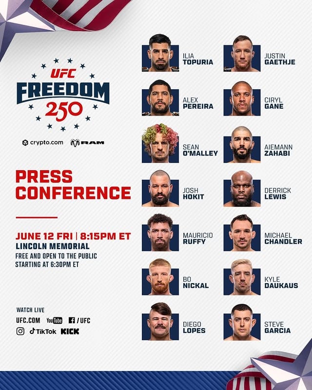 Here’s what you need to know for #UFCWhiteHouse fight week 👇Press Conference 🎤 JUNE 12 LIVE on YouTube at 8:15pmETCeremonial Weigh-In 👀 JUNE 13 LIVE on YouTube at 8:30pmET[ Presented by @CryptoComOfficial & @RamTrucks ]