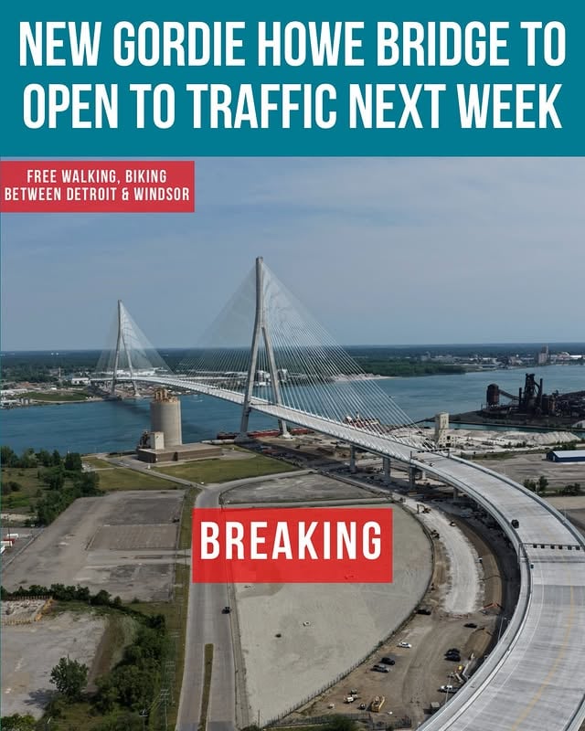 🚨The Gordie Howe International Bridge is set to open to traffic Monday, June 15, following a ribbon-cutting ceremony on Friday, marking a major milestone for the long-awaited crossing between Detroit and Windsor, according to sources. The roughly $4.4 billion bridge includes a multi-use path that will allow people to walk or bike between the United States and Canada, making it the only Michigan border crossing to offer that option.The ceremony comes months after President Donald Trump said he opposed opening the bridge during trade tensions with Canada. The bridge was funded by Canada and has been under construction since 2018. by @metrodetroitnews