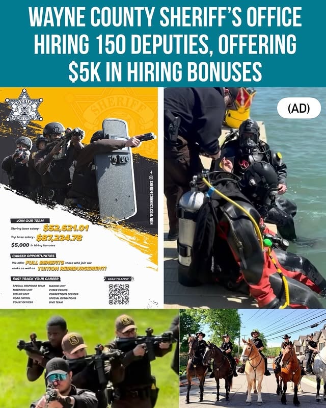 Applications are open for the first time in a year. @wcsoffice The Wayne County Sheriff’s Office is hiring 150 new deputies and moving fast. Top base salary listed at $87,234.The department is also offering $5,000 in hiring bonuses, full benefits, tuition reimbursement, and multiple career opportunities, including special response team, mounted unit, tether unit, road patrol, court officer, marine unit, cyber crimes, corrections officer, special operations, and dive team.Scan the QR code on the flyer or apply online today. www.sheriffconnect.com/join by @metrodetroitnews