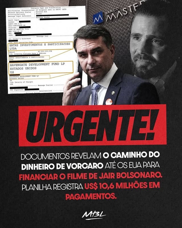 URGENTE! 🚨 

O primeiro repasse, de R$ 10,4 milhões, foi enviado a um fundo controlado pelo advogado de Eduardo Bolsonaro antes de chegar à produtora de “Dark Horse”.

Planilha divulgada previa 14 depósitos até janeiro de 2026, somando cerca de R$ 124,6 milhões. Aproximadamente R$ 55 milhões já constavam como pagos.

Por que será que o dinheiro não foi direto para produtora?

#bolsonaro #bancomaster #corrupção #brasil