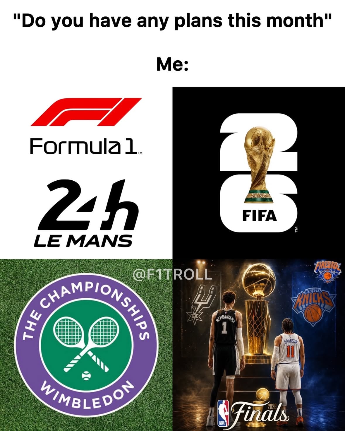 Sleep can wait until July. “You can sleep when you…” -Max Verstappen 

June 2026 delivers an elite month of global sports championships, starting June 3 with the NBA Finals clash between the Knicks and Spurs. On June 11, the historic, expanded 48-team FIFA World Cup kicks off across North America. Motorsport fans get a double feature with Formula 1 racing through Monaco and Barcelona, alongside the legendary 24 Hours of Le Mans endurance battle from June 13–14. Finally, tennis royalty takes over the pristine grass courts of Wimbledon starting June 29.
#formula1 #f1memes #football #tennis #nba