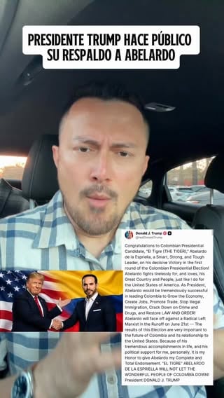 03/Jun 🇨🇴 Donald Trump anunció públicamente su respaldo a Abelardo de la Espriella de cara a la segunda vuelta presidencial en Colombia. El presidente de Estados Unidos destacó su liderazgo y aseguró que es el candidato que puede fortalecer la economía, la seguridad y la relación entre ambos países. Un apoyo que llega desde el principal aliado estratégico de Colombia y que ya está dando de qué hablar. #parati #ig #fb #reel #reels