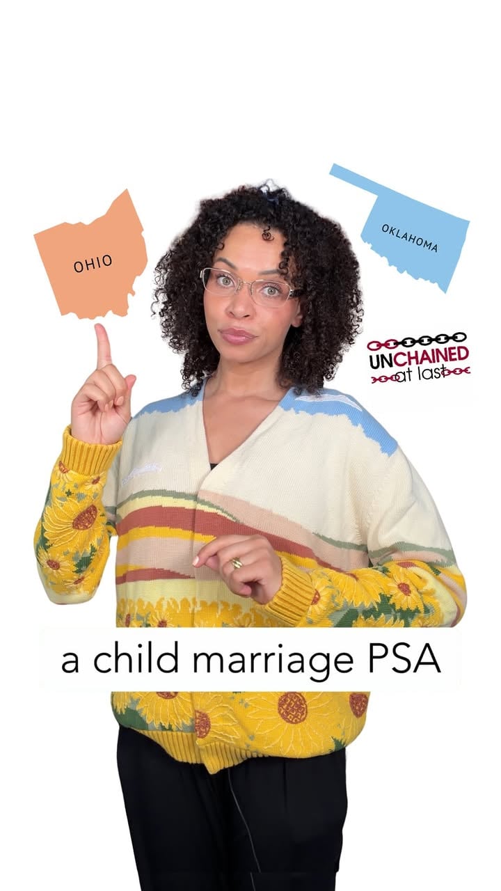 17 states down, 33 to go! Survivors and advocates are making incredible progress but we need YOU to keep that momentum going. @unchainedatlast and I have a concrete action you can take to actually keep kids safe.

Contact leaders in Ohio and tell them to pass SB341 and make the marriage age 18, no exceptions! The number is (614) 466-4900.

Make sure to share this PSA with your friends and loved ones in Ohio!