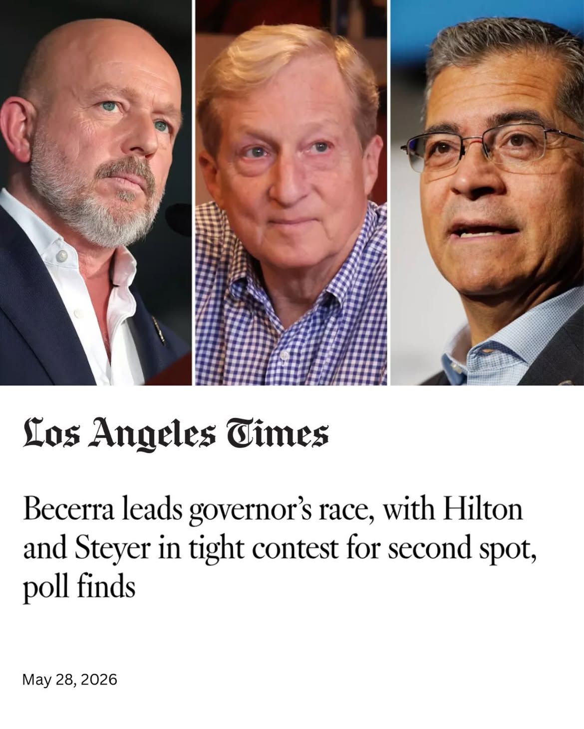 New poll, same story: It’s a tight three-way race, and there’s no risk Democrats are locked out in November. 

The choice is clear: Do you want a MAGA extremist, a corporate Democrat, or a progressive who’ll fight every day to take on special interests and bring down prices? 

A California that works for working people is possible. Vote for it by June 2.