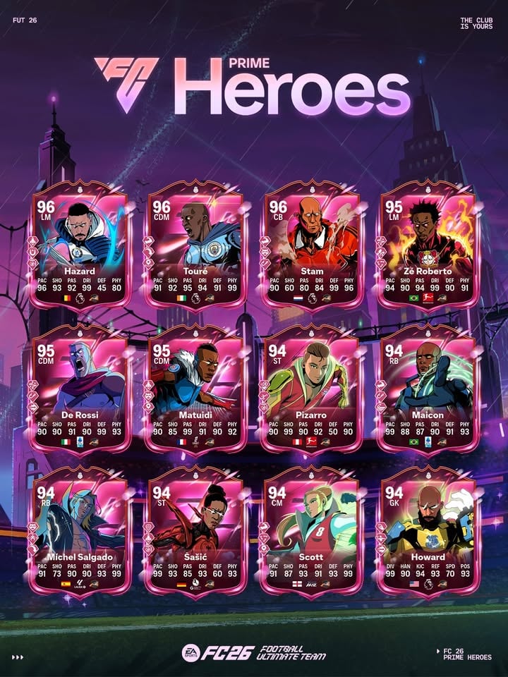Heroes assemble. Feel the full force of football’s mightiest as fan favourites return for Prime Heroes, with signature 99 face stats, supercharged Live Events, new Evolutions, themed SBCs, and more. Only in #FC26