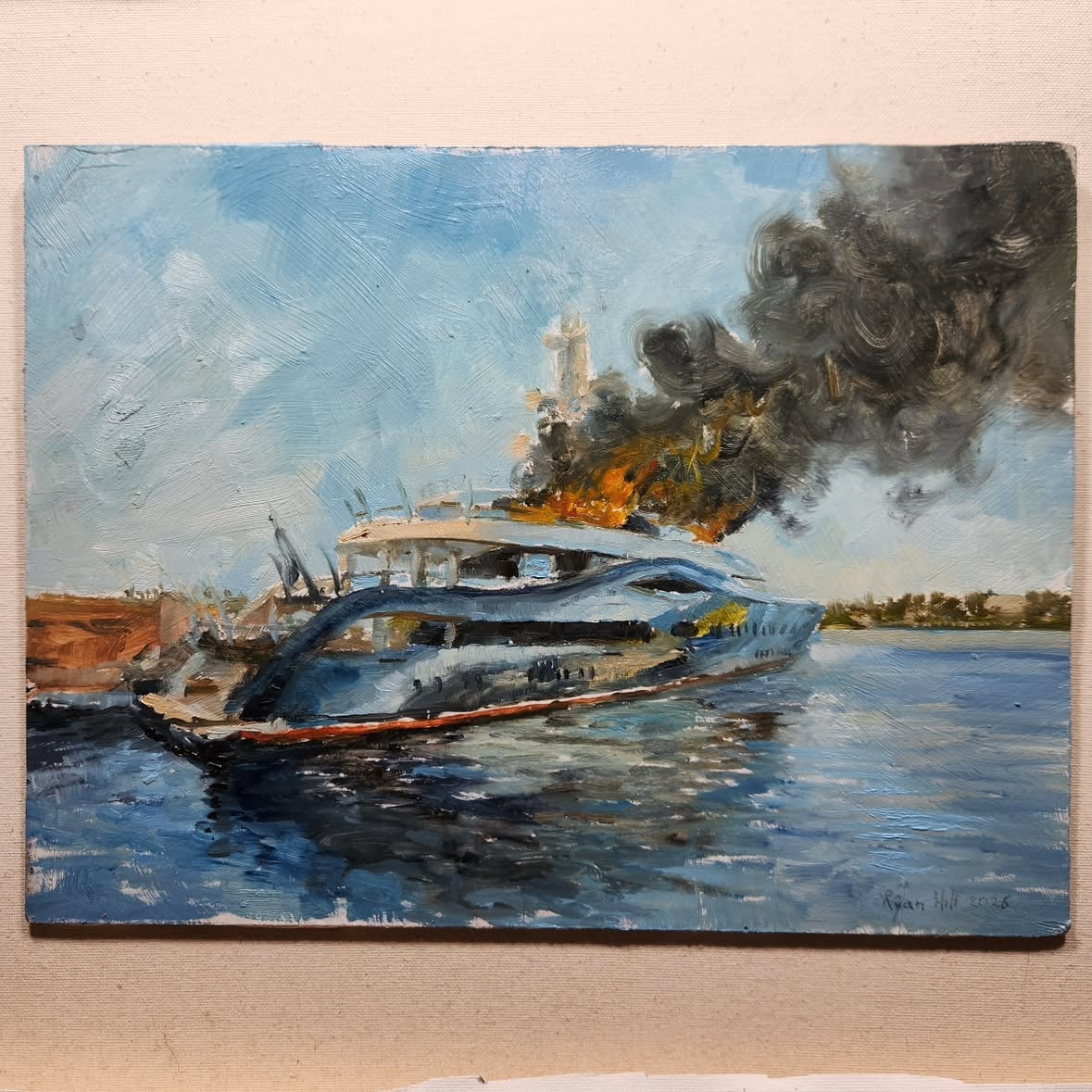 Last Emissions of the Launchpad
9"×12" oil on panel, 5/27/26
When I heard Zucks megayacht had docked in my neighborhood I couldn't resist expressing what seems to be a popular sentiment in the community