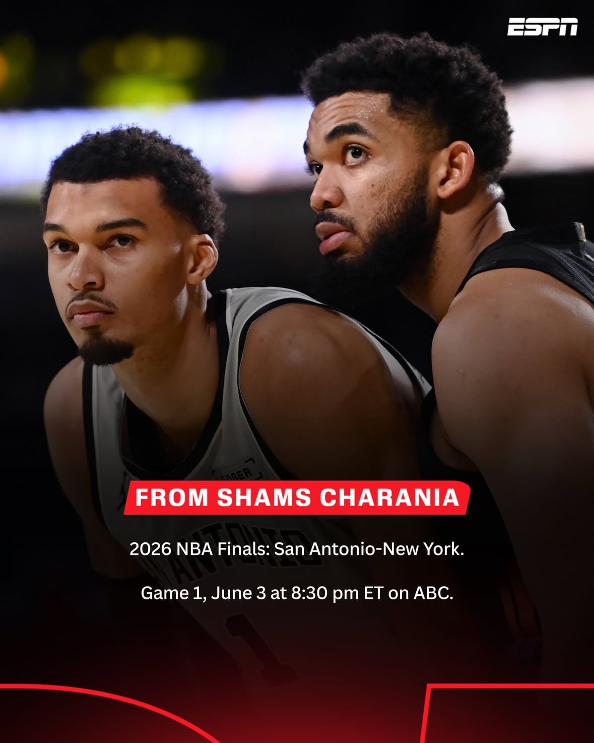 2026 NBA Finals: San Antonio-New York.

Game 1, June 3 at 8:30 pm ET on ABC.

The NBA will have its eighth different title-winner in eight years.
