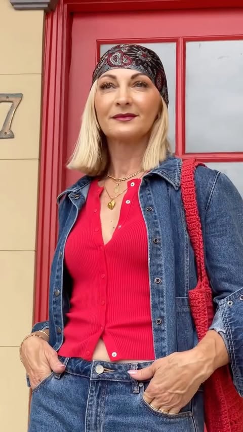 Double denim with red - DD can look amazing but it can also look like a uniform and dull if not styled properly. In my eyes, two different coloured denims together are a no- no 🤭This season has lots of matching sets. 
A contrasting colour, leopard print, cool accessories or a statement coat can all complement the DD look. 
💙❤️💙
@kookai_australia outfit
@edwardmellershoes 
❤️
#agelessstyle #denimondenim #autumnstyle #fashioninspo #over50style