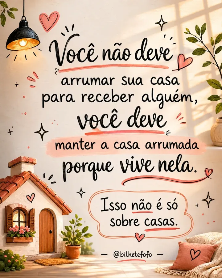 💖A mensagem é uma metáfora: não fala apenas de manter a casa organizada, mas também de cuidar de si mesmo, da sua vida, dos seus hábitos, da sua saúde emocional e do seu ambiente por você mesmo — e não apenas quando alguém vai ver ou quando quer impressionar outra pessoa.