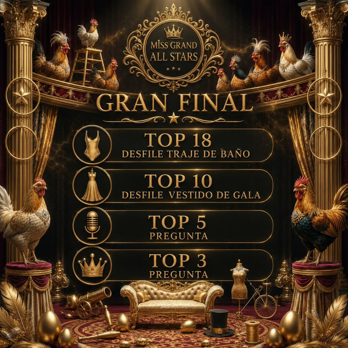 • Así será la forma de clasificación en Miss Grand All Stars durante la gran final de este sábado 30 de mayo. Información exclusiva 👑🪡🎩 Como la que abunda y estoy tirando en mi canal de Telegram. Donde ya solté con nombre, apellido y fecha de nacimiento quién es la que se pone la corona este sábado. 🎯📲💸

Todos los puntajes se borran y a partir del Top 18, la competencia comienza desde cero. Es decir en la final hay que actuar con precisión, cualquier giro en falso te aleja de la corona. 

Con puntuación en vivo, avanzarán al Top 10 las mejores clasificadas del desfile en traje de baño. Luego, esas candidatas desfilarán en vestido de gala y las cinco mejores avanzarán al Top 5, donde deberán responder una pregunta final. Al final, se elegirá un Top 3 que volverá a enfrentarse a la prueba definitiva de la pregunta decisiva. 🪡🎩🎙️

De esta manera llegaremos a la gran final de Miss Grand All Stars y conoceremos a la primera mujer en la historia que portará este título. Enciendan sus motores y que no quede piedra sobre piedra. Este post es para los que #HablamosDeReinasAMediaNoche FIN.