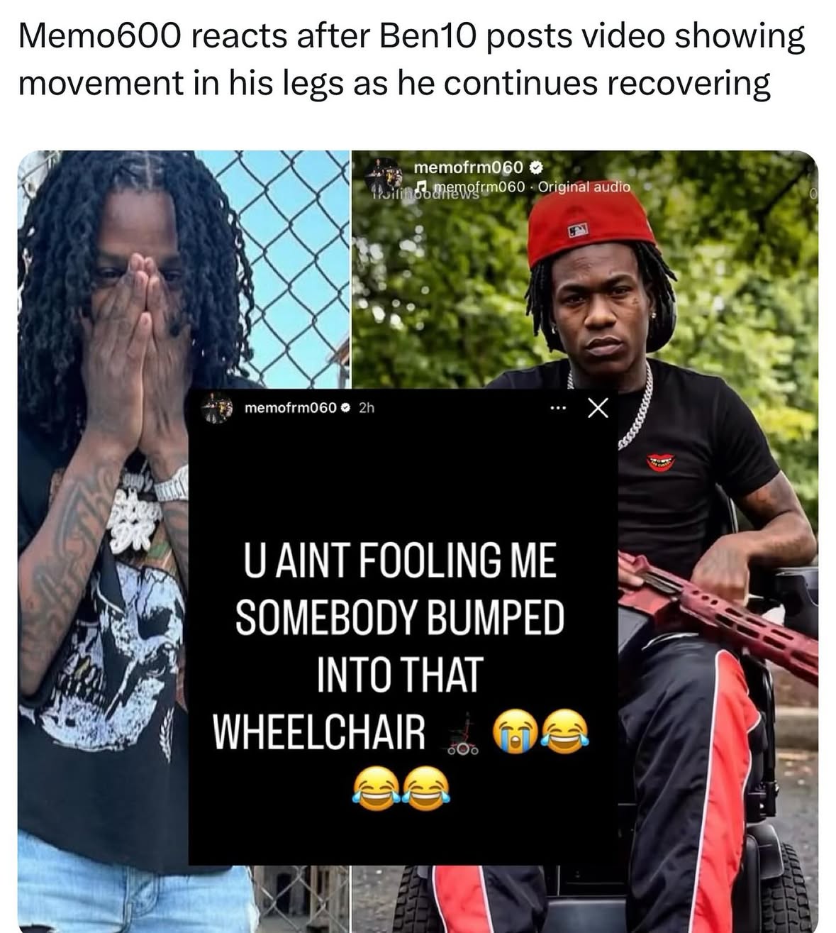Memo600 trolls Ben10 after he posts video showing movement in his legs