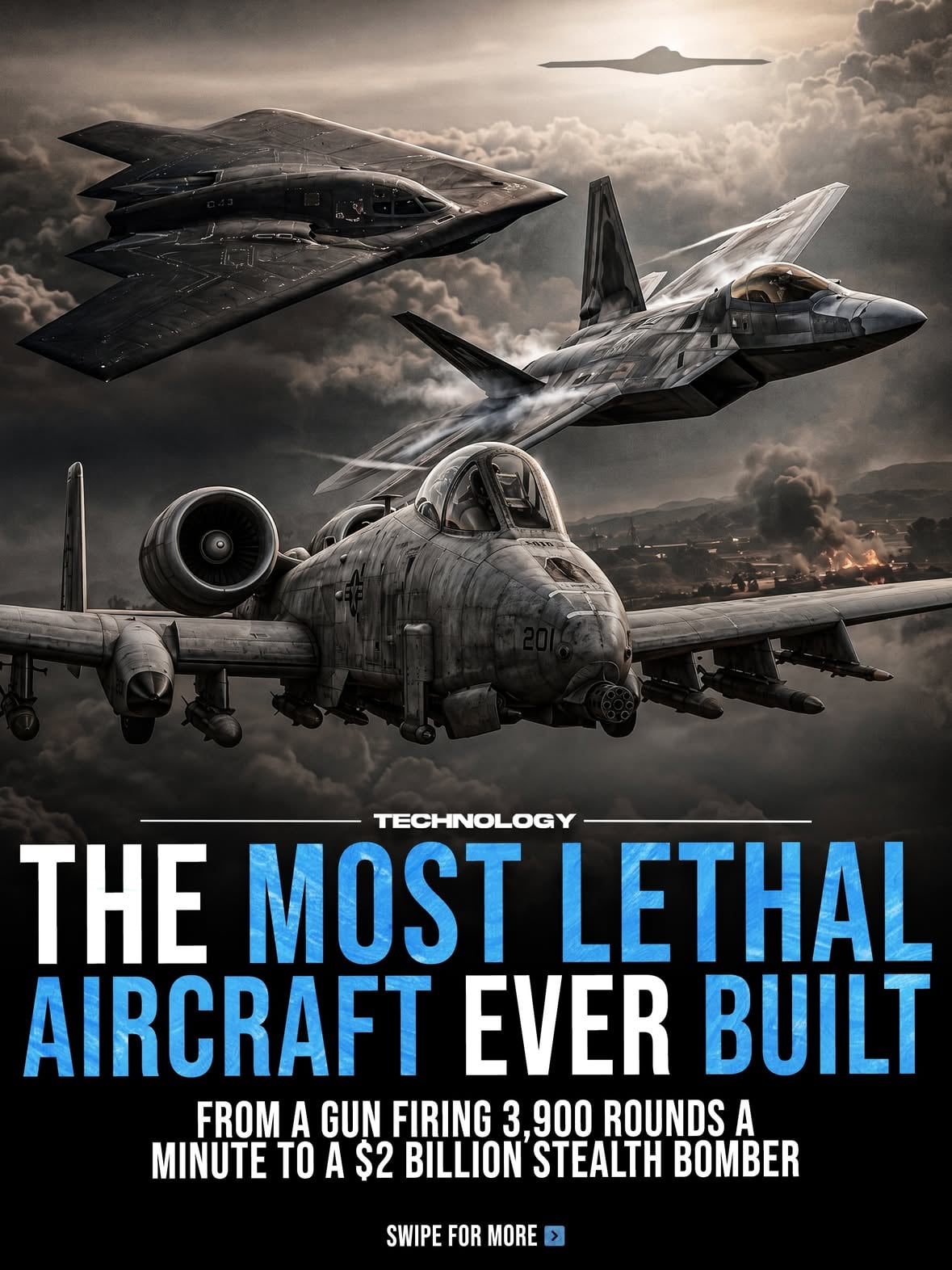 Swipe ⬅️ to see the most lethal aircraft ever built, from tank-killing gunships and legendary fighters to stealth bombers capable of striking targets across the world ✈️🔥

From the A-10 Warthog’s 3,900-round-per-minute cannon and the AC-130’s flying artillery firepower to the Apache, F-15 Eagle, and F-22 Raptor, these aircraft were designed to dominate land and air combat. The list also includes the B-52, still flying after 70 years, and the B-1 Lancer with the heaviest payload of any U.S. bomber.

The B-2 Spirit changed warfare with near-invisible stealth technology, while the B-21 Raider represents the next generation of strategic bombing, built to penetrate modern defenses and shape the future of aerial warfare for decades ahead.

Which aircraft would you choose for ultimate air dominance?

Sources: Air & Space Forces Magazine · Military.com · National Security Journal · Task & Purpose · 19FortyFive · MigFlug · Lockheed Martin · SimpleFlying · Al Jazeera · TheDefenseWatch

#aviation #aircraft #military #fighterjet #technology
