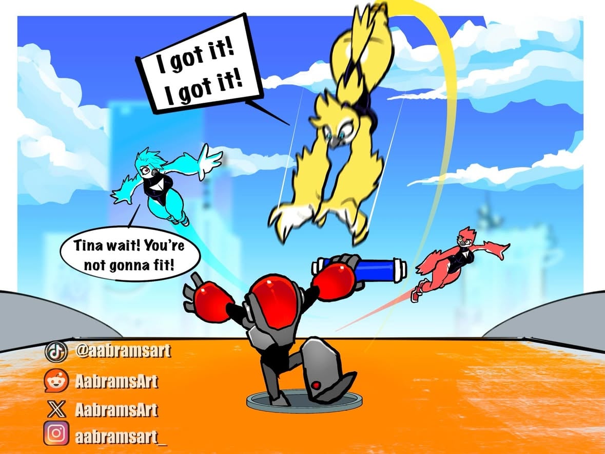 Manhole misshap 

Don’t worry, she’ll be fine. (She’s had worse)
#furry #avian #oc #robot #bird
