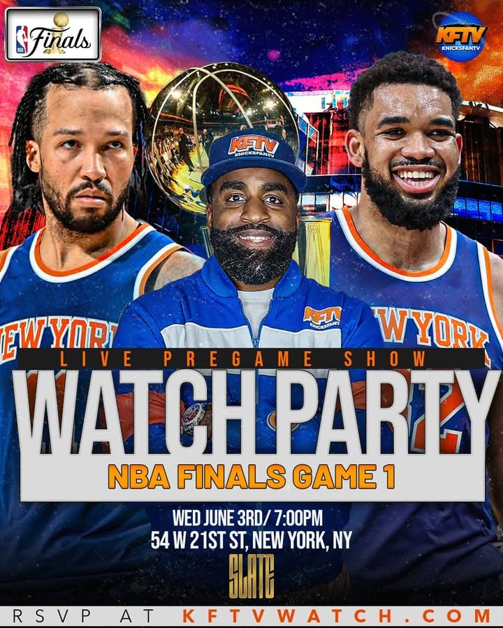 Knicks NBA Finals Game 1 Watch Party hosted by CP The Fanchise & KnicksFanTV 

🏀 THE KNICKS ARE IN THE NBA FINALS 🏀

Don't watch history from your couch.

Join CP The Fanchise and Knicks Fan TV at Slate NYC for the ultimate NBA Finals Watch Party experience.

🔥 Live KFTV Pregame Show
🎙️ Special Guests
📺 Massive Screens + Game Audio
🎁 Giveaways & Raffles
🍻 Drink Specials
🏀 Hundreds of Knicks Fans

The atmosphere has been electric all playoffs long—and the Finals will be our biggest events yet.

🎟️ Tickets and table reservations are limited.

Reserve your spot now.