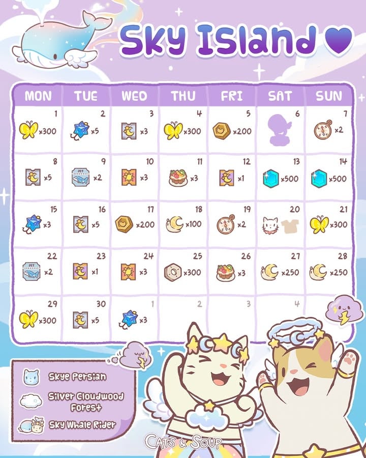 ☁️ June is here with magical gifts and secret rewards! ✨

To welcome you to the fantastical Starcat Village, 
filled with stars ⭐ and rainbows 🌈,
we’ve prepared a special month-long login event. 😻🎁

🤫 Shh! Here’s the claim period 
for the rewards that are still a secret!

❓ 𝗝𝘂𝗻 𝟲: 𝗦𝗽𝗲𝗰𝗶𝗮𝗹 𝗚𝗶𝗳𝘁 ①
(This reward can be claimed until Jun 18)
❓ 𝗝𝘂𝗻 𝟮𝟬: 𝗦𝗽𝗲𝗰𝗶𝗮𝗹 𝗚𝗶𝗳𝘁 ②
(This reward can be claimed until Jun 30)

Log in to Cats & Soup every day and you’ll find
pawsome rewards waiting in your mailbox! 😻🎁

𝗗𝗿𝗼𝗽 🥰 𝗶𝗻 𝘁𝗵𝗲 𝗰𝗼𝗺𝗺𝗲𝗻𝘁𝘀 if you're going to
stick by our sides until the end of June!

– Kiki ♥
.
.
.
‼️ Each reward can be claimed for 𝟮𝟰 hours.
‼️ Each mail will expire after 𝟳 days upon logging in.
‼️Apart from specifically dated rewards, all other 
 rewards can only be claimed on their specified day.
‼️ Travel essentials such as an 'Imaginary Compass' 
 will be added straight to your storage.
‼️ Rewards can be claimed once per account.
‼️ Any unclaimed rewards won’t be sent out again.