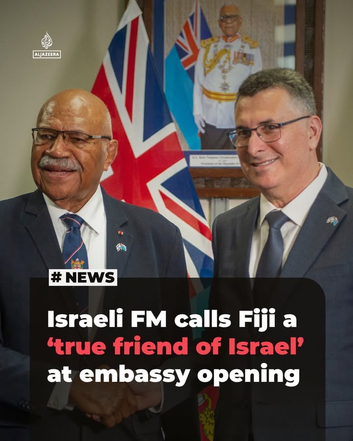 “We have a natural alliance of believers based on deep faith and biblical roots.” ⁠
.⁠
Fiji Prime Minister Sitiveni Rabuka hosted Israeli Foreign Minister Gideon Saar at the opening of a new Israeli embassy in the capital, Suva. In a social media post, Saar described Fiji as a “true friend of Israel”.⁠
.⁠
🔗Tap the link in bio for more.⁠
.⁠
📸 @afpphoto