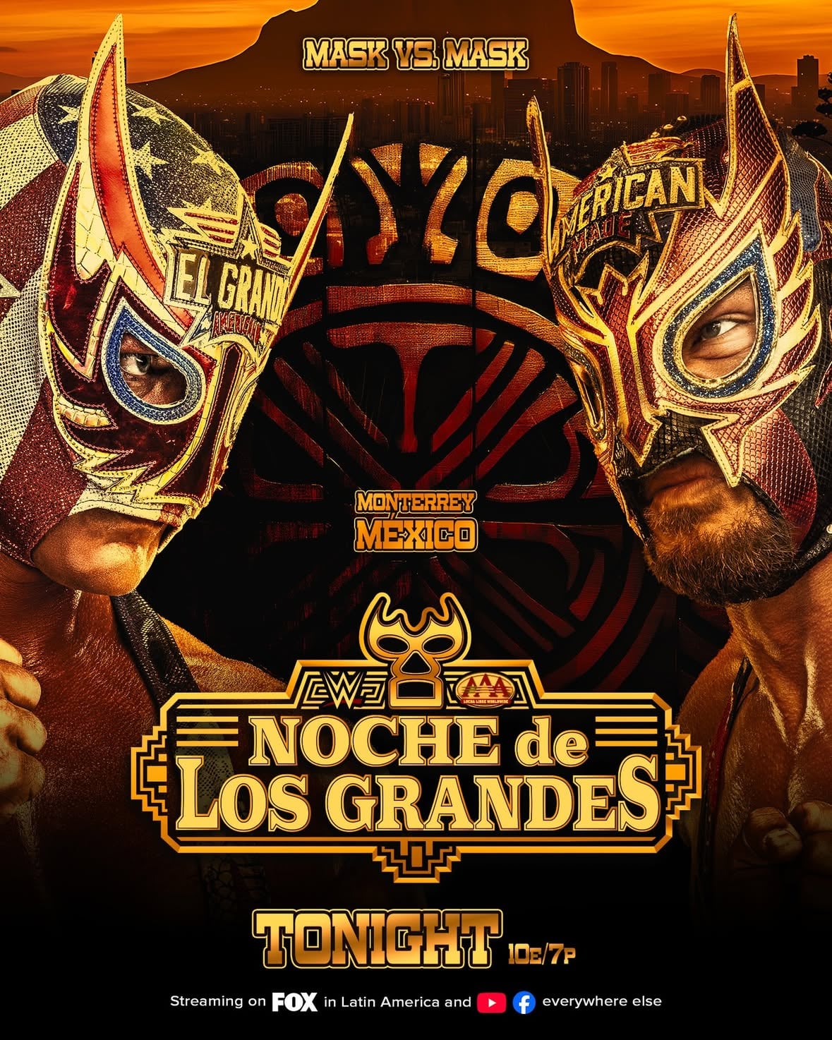 A stacked night awaits at #AAANocheDeLosGrandes 🔥⁣
⁣
🎭 @elgrandeamericanowwe vs. @americano_wwe — MASK VS. MASK⁣
⁣
⚔️ @hijodrwagner vs. @hijodelvikingoaaaoficial — AAA Latin American Championship⁣
⁣
🚨 @reyfenixmx vs. @laredokidpro — AAA World Cruiserweight Championship⁣
⁣
💥 The War Raiders vs. @psychoclown1 & @pagano_oficial — AAA Tag Team Championships⁣
⁣
📺 TONIGHT⁣
🇲🇽 8PM Mexico & LATAM on Fox One and Fox Tubi⁣
🌎 10e/7p on Facebook & YouTube