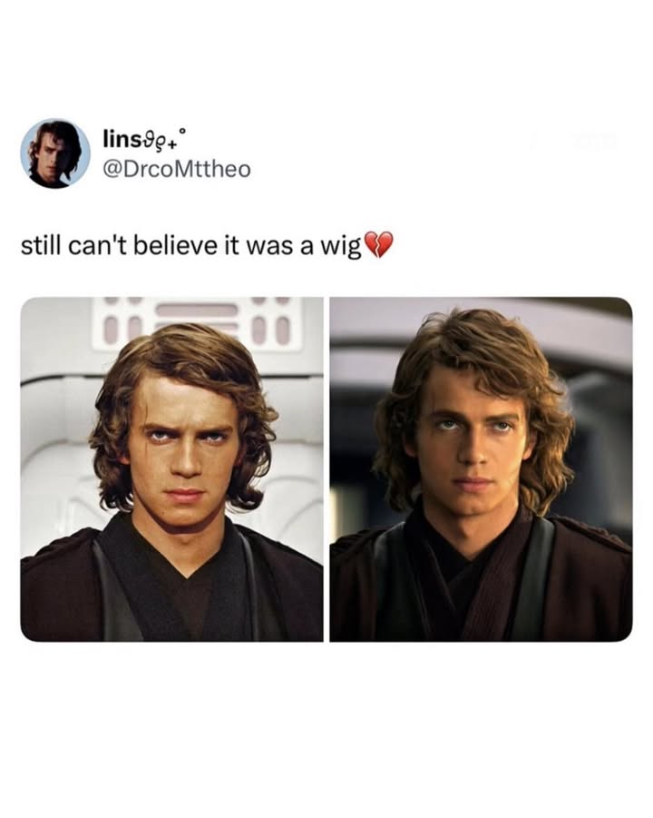 Hayden Christensen’s long hair as Anakin Skywalker in Star Wars: Episode III – Revenge of the Sith (2005) was actually a wig, not his real hair. He revealed this fact publicly at Fan Expo New Orleans in January 2026, joking, “Full disclosure: that’s not my real hair.” Christensen also said that he kept one of the Episode III wigs as a souvenir from the production. The revelation surprised many fans because Anakin’s shoulder-length hairstyle had become one of the character’s most recognizable features. 

The wig was likely used to maintain continuity throughout the lengthy filming schedule and to ensure Anakin’s appearance remained consistent from scene to scene. Behind-the-scenes information from the production has long indicated that the hair department spent considerable effort creating Anakin’s Episode III look, which was designed to reflect his growth from Padawan to Jedi Knight during the Clone Wars. Although many viewers assumed the hair was Hayden’s natural hair, the wig was blended and styled so convincingly that most fans never noticed. Christensen’s recent comments finally confirmed a rumor that had circulated among some Star Wars fans for years.